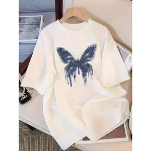 Fashionable Butterfly Cartoon Print Women's Round Neck T-Shirt Simple Design Comfortable for Daily Leisure And Versatile