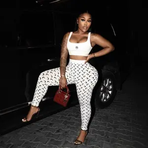 1-piece sleeve lady Pacega with sexy slimming tops and trousers suit - Fashion New Moon Patterns Double piece 2025 Women's suit GA Mise Geometry Short White Casual 2025 Women's Fashion New Moon Pattern Slim Italian Stifa with tashGift