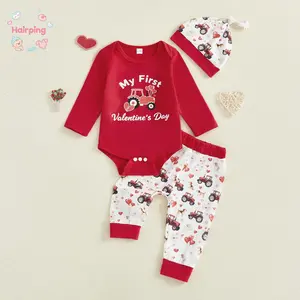 Baby 3-Piece "My First Valentine's Day" Outfit Set, Red Bodysuit + Tractor Print Pants + Matching Hat, Newborn Valentine's Photo & Casual Wear