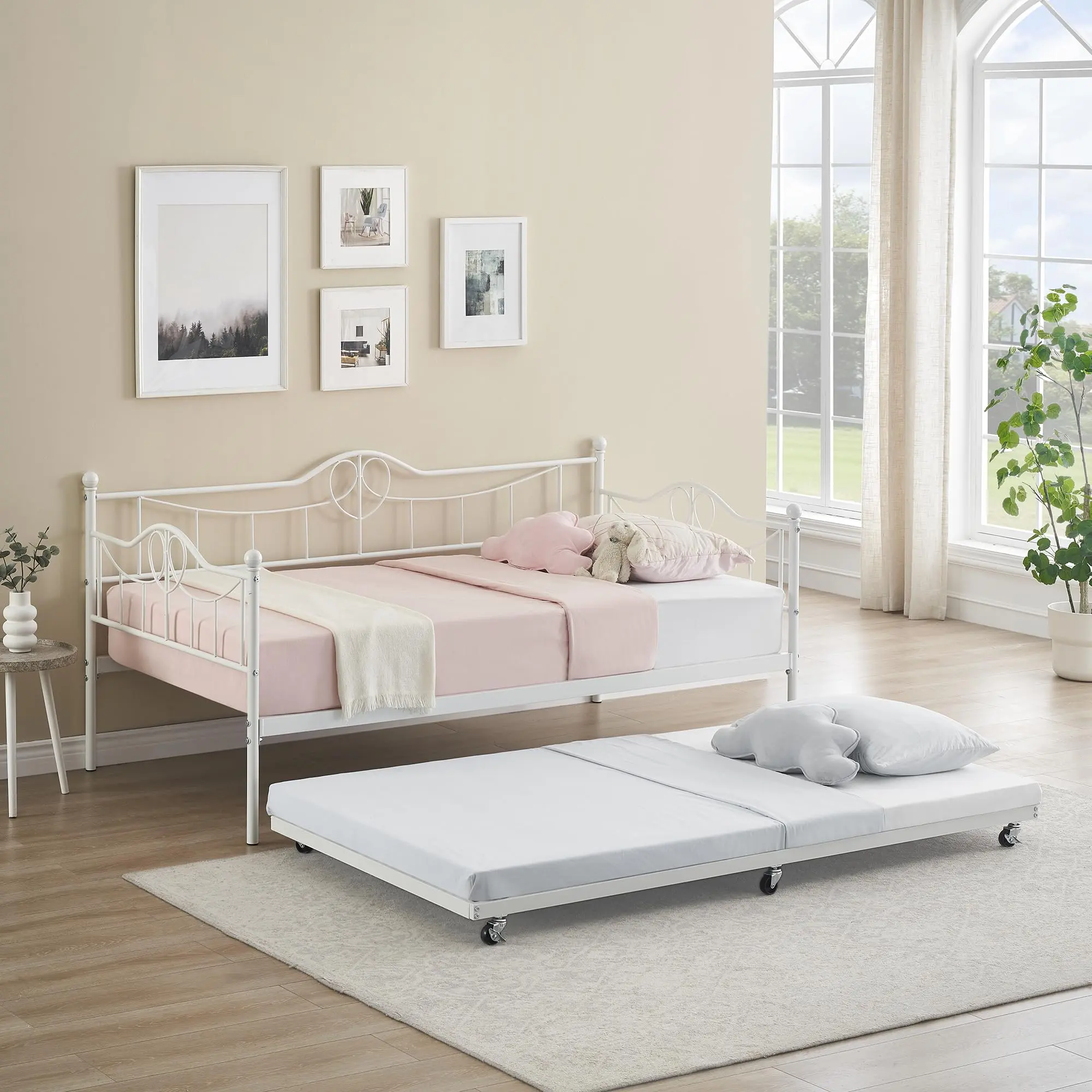 【GARVEE】Metal Daybed with Trundle Bed, Twin Size Day Bed with Headboard and Heavy Duty Steel Slats Support, Mattress Foundation Platform Sofa Bed, for Living Room, Bedroom, Easy  Assembly, White
