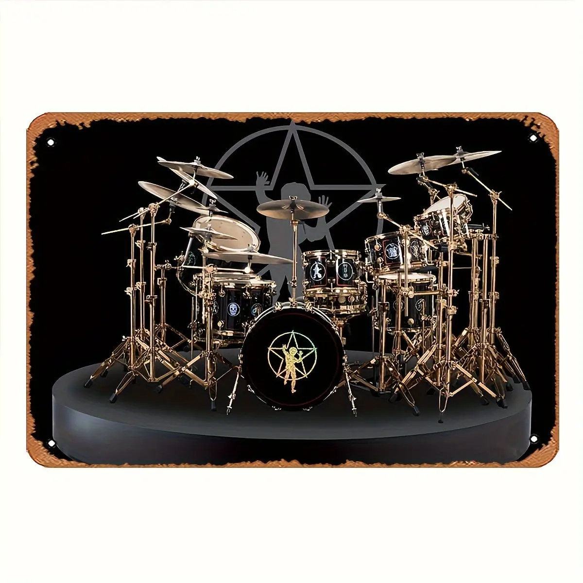 Vintage Rush Neil Peart Drum Set Metal Tin Sign - 8X12 Inches Decorative Wall Art For Music Lovers - Ideal Gift For Home, Pub, Garage, Studio With Black Background, No People, Unique Retro Music Decor, Collectible Memorabilia, Long-Lasting Tin Sign