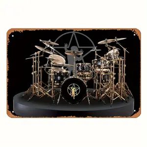 Vintage Rush Neil Peart Drum Set Metal Tin Sign - 8X12 Inches Decorative Wall Art For Music Lovers - Ideal Gift For Home, Pub, Garage, Studio With Black Background, No People, Unique Retro Music Decor, Collectible Memorabilia, Long-Lasting Tin Sign