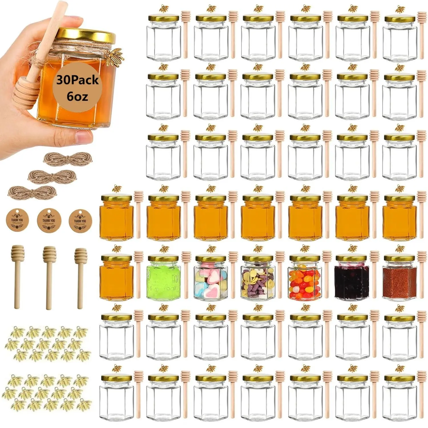 30‑Pack 6oz Glass Containers with Gold Lids, 180ml Clear Glass Canning Vessels for Honey, Spices, Jams, Shower & Wedding Favors, Craft Projects