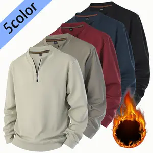 2026 New Fleece-Lined Thickened Half-Zip Sweatshirt for Men, Round Neck, Spring and Autumn, Warm Casual T-Shirt, Men's Long Sleeve Base Shirt, Top Clothing