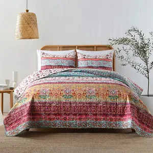 Boho Style Reversible Bohemian Floral Strip Quilt Set Soft Lightweight All Season Full Size Bedding Set with 2 Matching Pillow Shams 3 Pieces