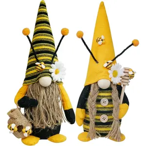 P-DOS01 Mr and Mrs Bumble Bee Gnome Plush Set, Sunflower-Accented Spring Honeybee Fiber Decor, Modern Tomte Elf Figurine for Rustic Farmhouse Tiered Tray Gift (1 Person Set)