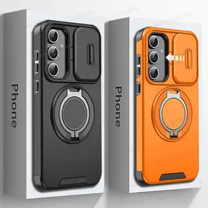 Ring Magnetic Folding Stand Dual Layer Phone Case For Samsung Galaxy A55 A56 A36 A26 A54 A14 A35 A17 A16 A15 5G Slide Lens Cover