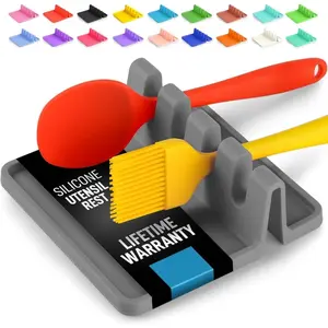 Kitchen Silicone Spoon Rest - Heat Resistant, Non-Slip Base, Square Design with Four Slots for Cutlery and Utensils Tableware Kitchenware