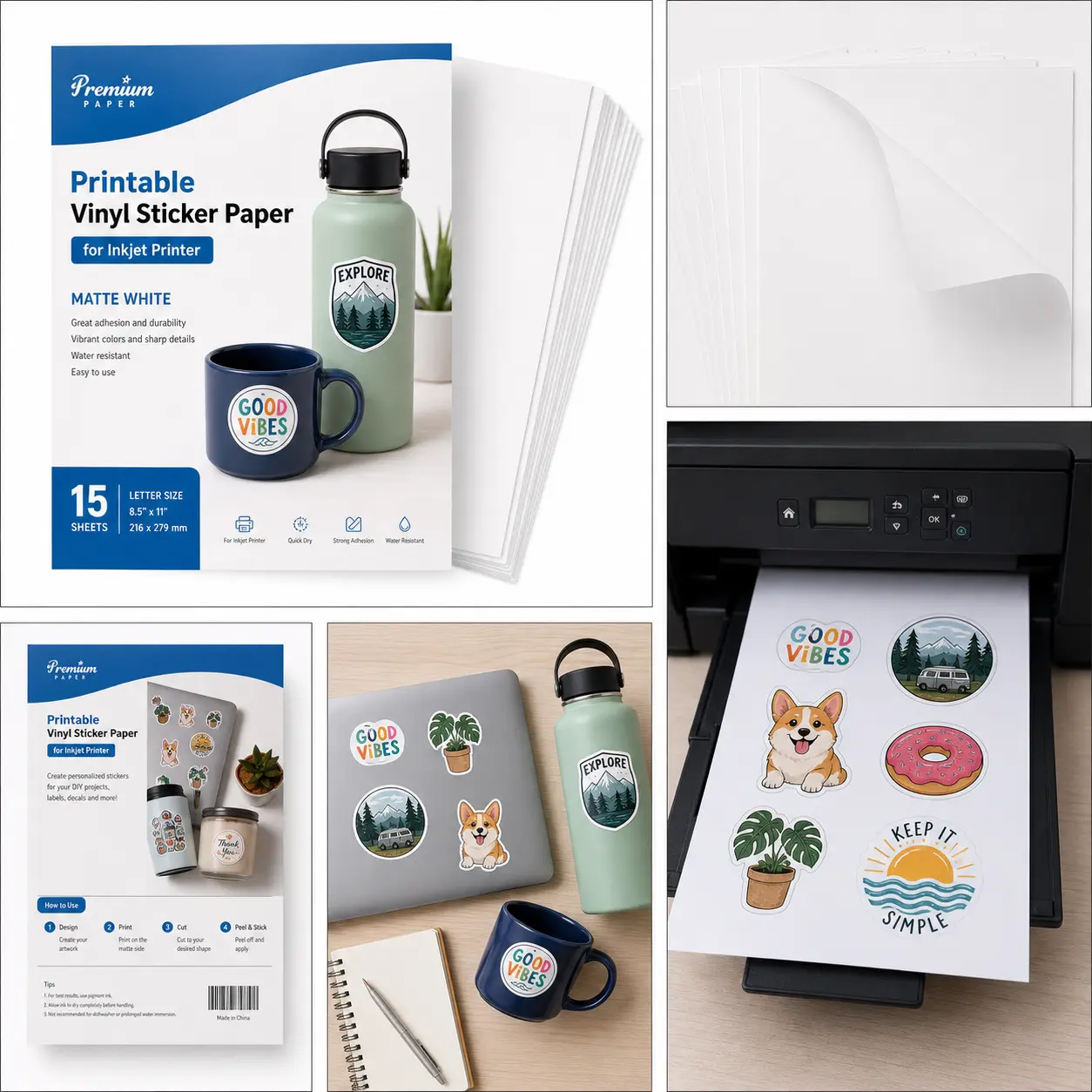 Printable Vinyl Sticker Paper for Inkjet Printer Matte White 15 pcs Letter Size
