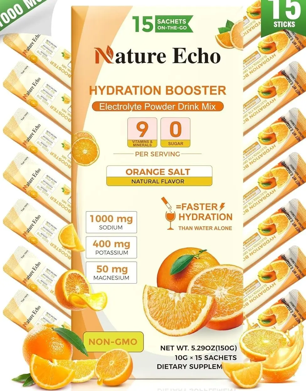 Nature Echo® High Sodium Zero Sugar Electrolytes Powder Packets, 1000mg Sodium Supplement Electrolyte Salt, Oral Rehydration Salts for Fitness Fans, Athletes, Rock Climber, Outdoor Worker, Marathoner