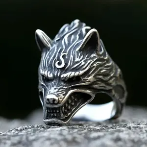 NEW Men's 316L Stainless Steel Ring Viking Wolf Head Ring For Men Fashion With Animal Halloween Jewelry Gift