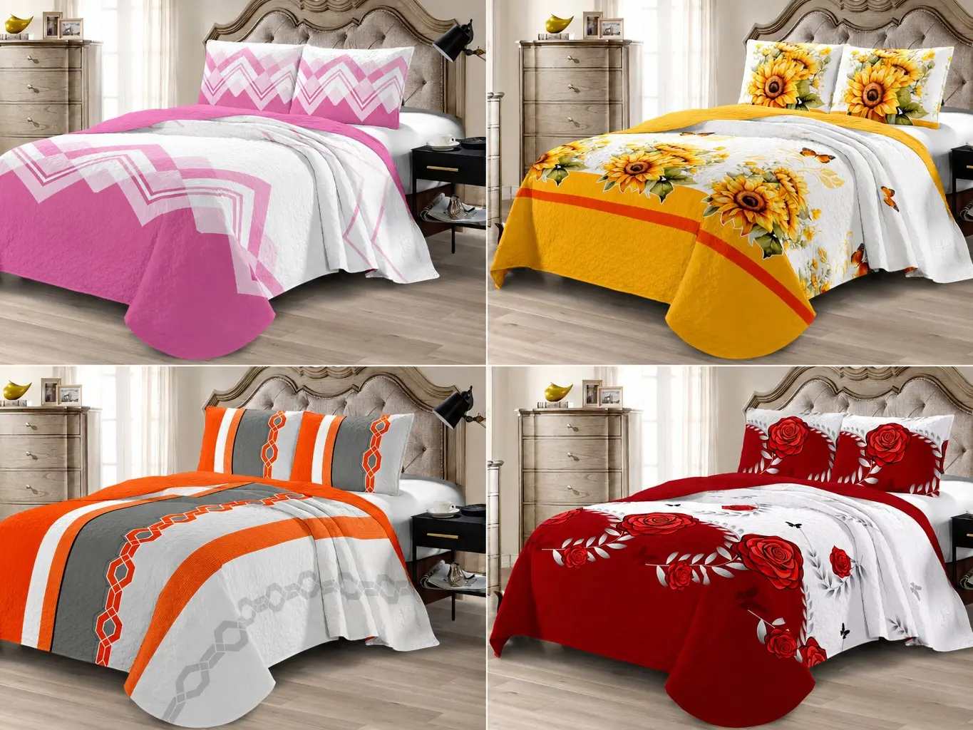 Wholesale King Size Reversible Quilt Set – Sunflower Floral Print, 3-Piece Bedding Set