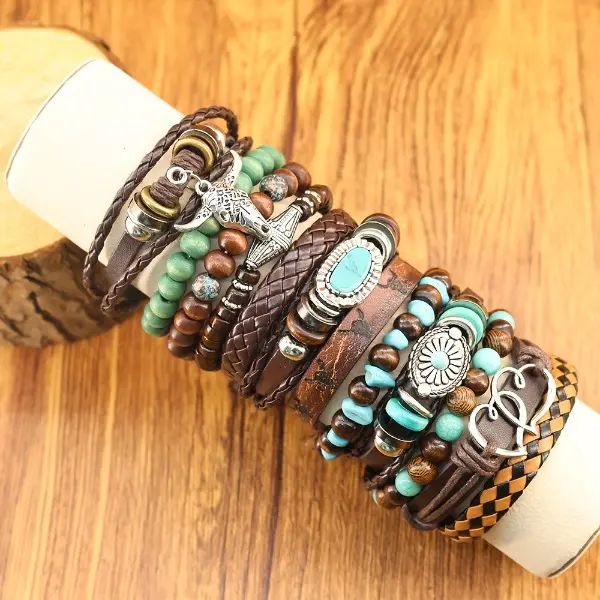 Unisex 12-Piece Vintage Bohemian Bracelets Set - Leather, Beaded Stackable Jewelry with Cow Head Charms, Boho Style Bangles, Matching Pairs, Beads for Festival, Daily Wear, Festival Wear, Bangles Bracelets Set, Arm Candy Accessories, Bracelet Stacking