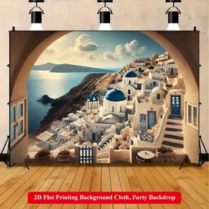 2D Flat Printing Backdrop Banner 1pc, Landscape Of Santorini Greece Vibrant Polyester Background Cloth for Family Party, Wedding, Birthday, Christmas, Thanksgiving, Fall, Entryway, Room Decorations, Easy to Set Up, Reusable