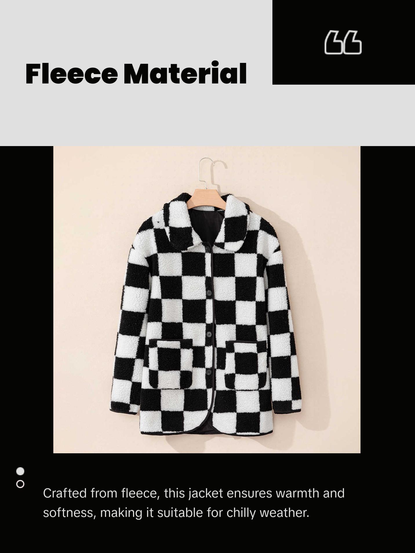 Cali Chic Women Jackets Black Checkered Side Pockets Collared Buttoned Fleece  Coats Womenswear Outerwear