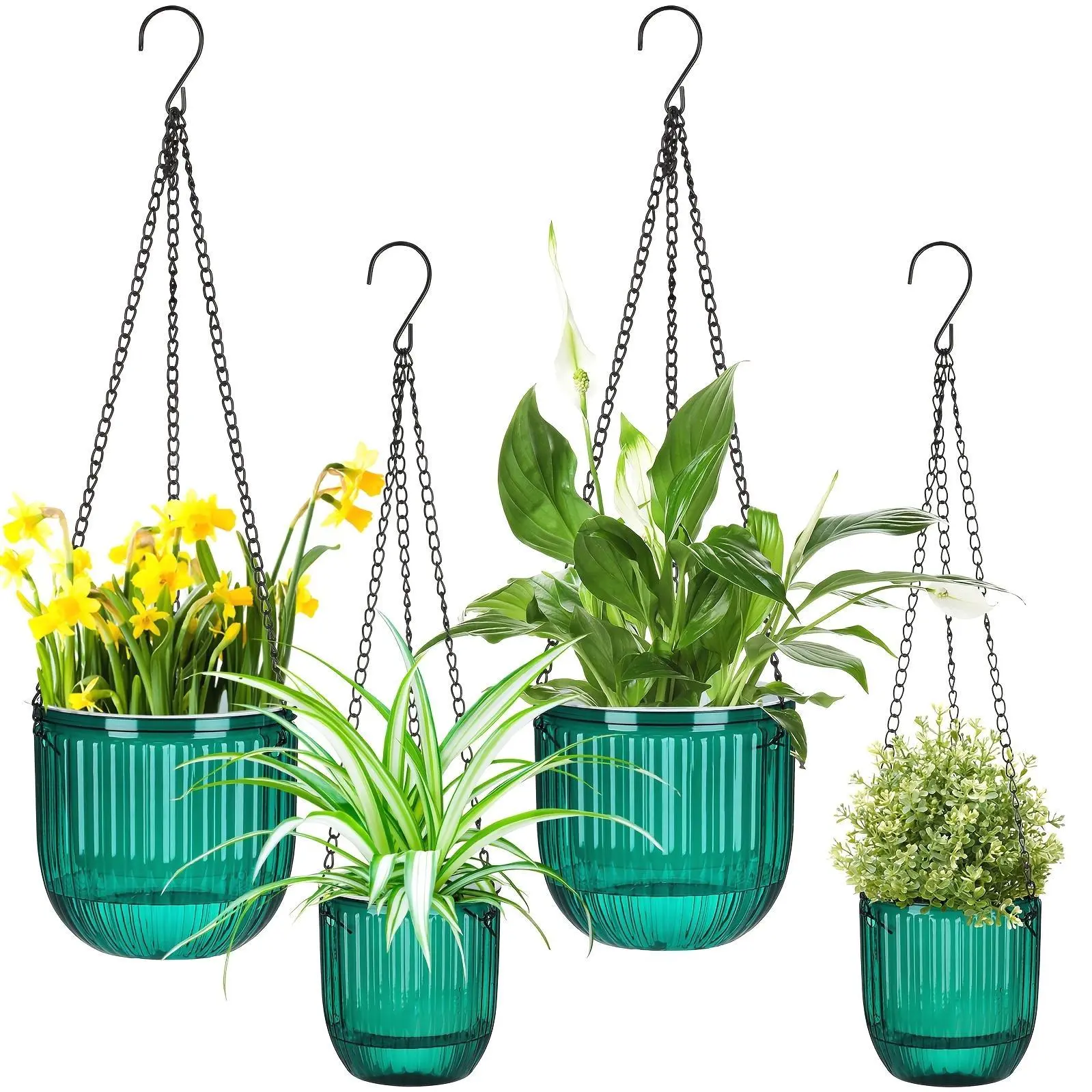 4pcs Self Watering Hanging Planters Indoor 6.5'' 4.5'' Hanging Flower Pots Baskets Outdoor Self Watering Hanging Plant With 3hooks Drainage Holes For Home(Emerald)