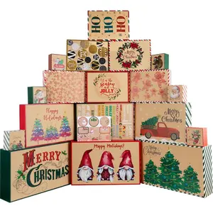 Kraft Paper Christmas Gift Box Set (Lidded) - 18-Piece Assortment of Holiday Packaging Boxes in Multiple Sizes, Includes 18 Gift Tags (4 Sizes, 18 Designs)