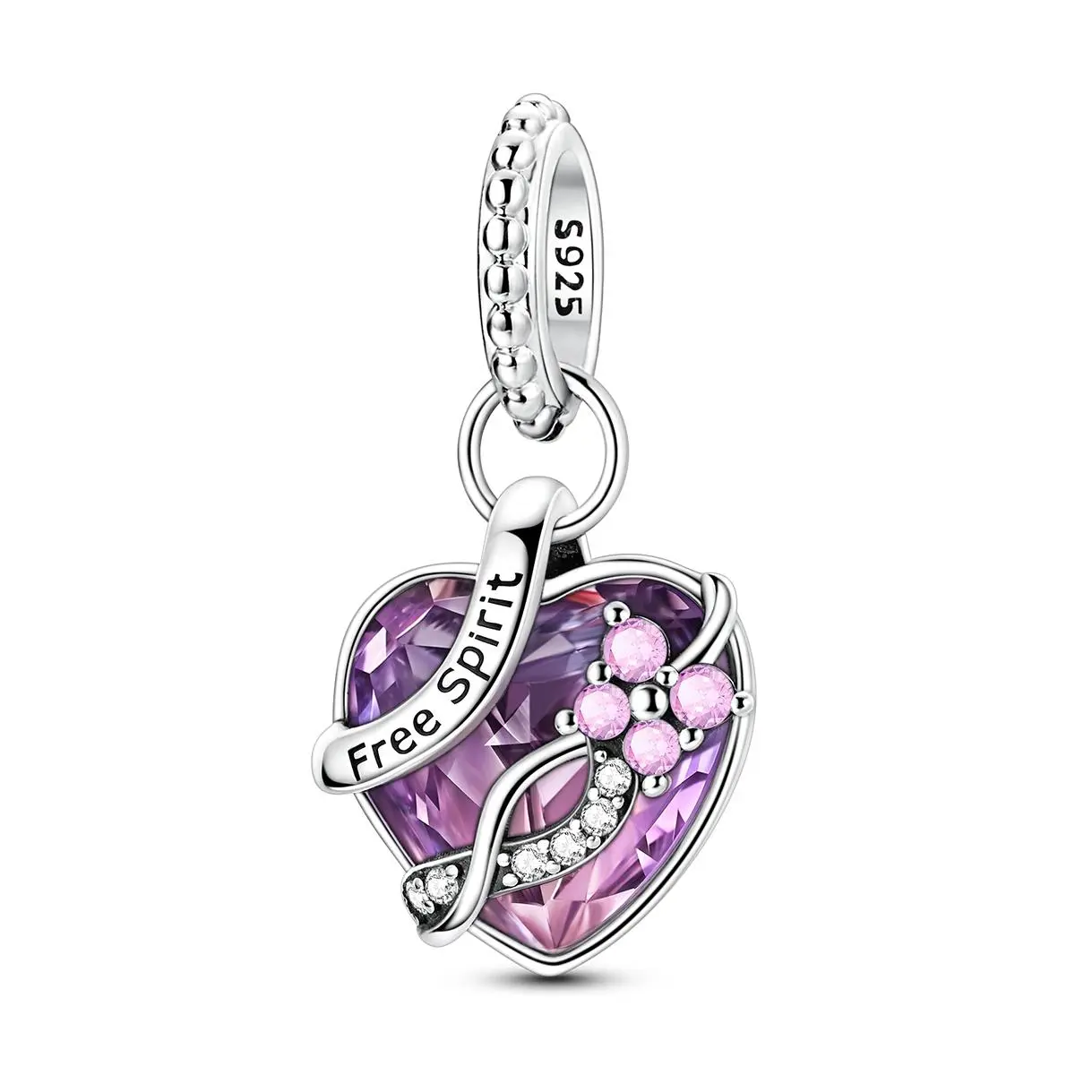 MULA 925 Sterling Silver Pink Purple Crystal Butterfly Heart Charm with Zircon, Insect Inspired Dangle Pendant for Women, Compatible with Pandora Bracelets & Necklaces, Perfect Gift for Girls