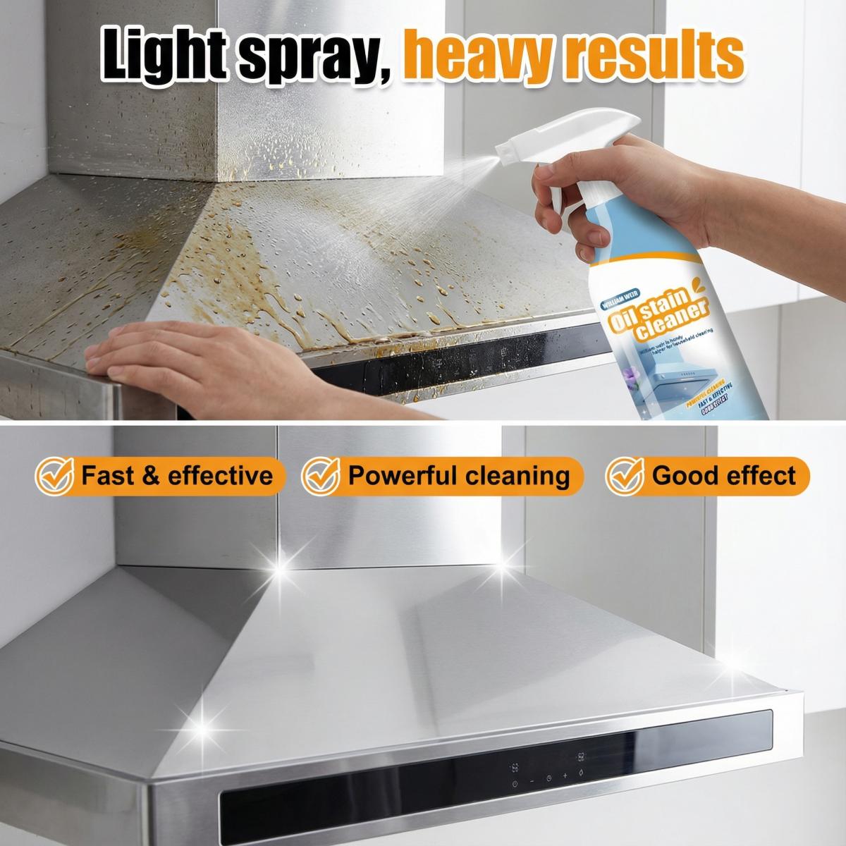 Kitchen Oil Stain Cleaner Spray, 500ml Multi-Surface Degreaser, No-Rinse Formula, For Pots Pans Countertops, Fast Acting Efficient, 1 Bottle 1 Sprayer Set