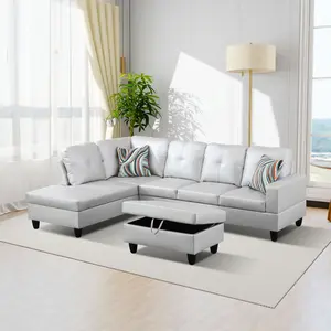 Silver Grey Semi PU Synthetic Leather 3-Piece Sofa Set, Modern Upholstered Couch for Living Room, Comfortable Sturdy Easy-Clean Furniture for Home, Apartment & Family Room