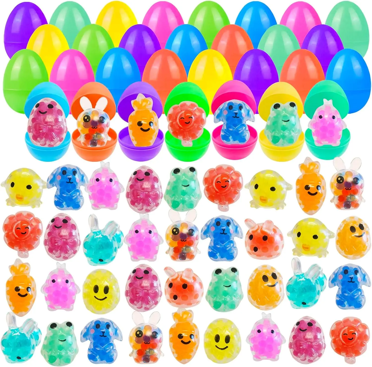 Summer Spring Gift 32 Pack Prefilled Easter Eggs with Squishy Toys Inside Bright Colorful Easter Eggs Filled with Easter Fidget Toys Great for Adult Easter Basket Stuffers Egg Fillers Party Favors