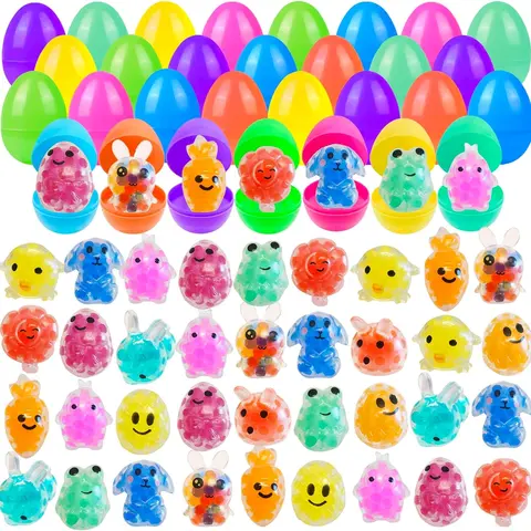 32 Pack Prefilled Easter Eggs with Squishy Toys Inside Bright Colorful Easter Eggs Filled with Easter Fidget Toys Great for Adult Easter Basket Stuffers Egg Fillers Party Favors