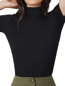 Women's Half High Neck Short Sleeve T-Shirt, Fashion Casual Solid Color, Versatile Fitted Tee, Trendy 2026 Clothing for Women