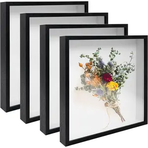 4 Pack 12x12 Wood Deep Shadow Boxes Display Cases for Photos Dried Flowers Handicrafts Picture Frames for Wall Tabletop Black