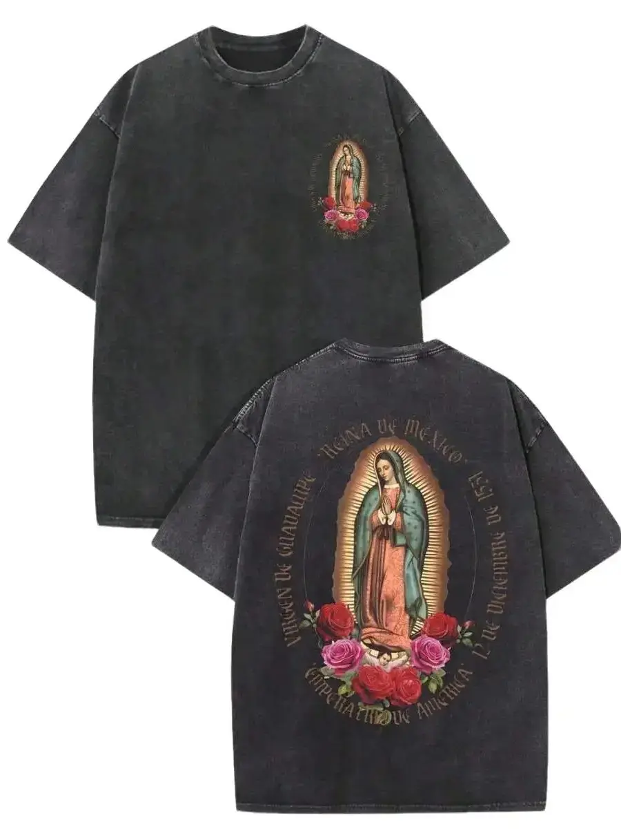 100% Cotton Wash T-shirtOversized T-Shirt for Women Men, Vintage Acid Wash Virgen De Guadalupe Graphic Tee, 100% Cotton Top with Double Sided Rose Print, Mexican Religious Streetwear, Tops, Oversized Tshirt Women