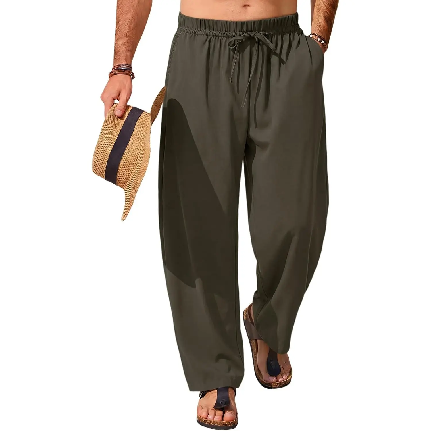 Runcati Mens Baggy Harem Pants Drawstring Elastic Waist Wide Leg Barrel Pants Lightweight Summer Beach Yoga Trousers