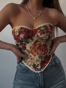 Vintage Floral Print Halter Top with Lace Trim, French Style Chic Small Backless Vest, Unique Fishbone Design, Women's Fashion