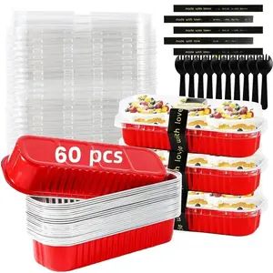 Mini Loaf Pans with Lids and Spoons Sealing Sticker,30/60 Pcs 6.8oz Cake Pans for Baking Disposable Mini Aluminum Foil Loaf Pans,Red cake pan (60 PCS RED)