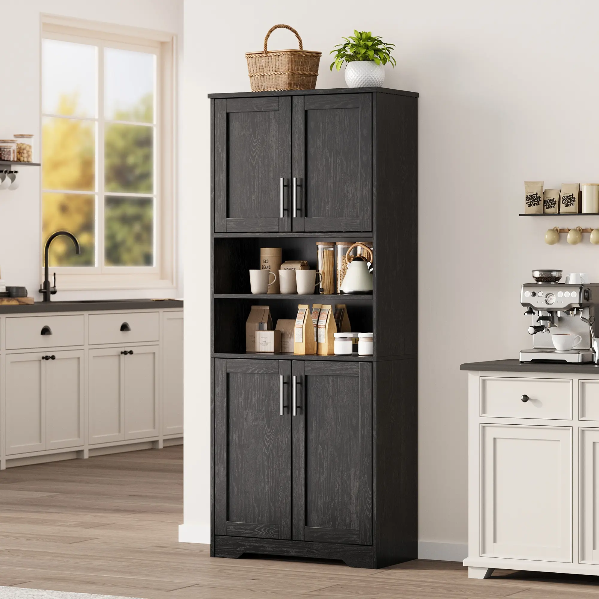 Modern 67-Inch Bathroom Cabinet – Tall Freestanding Cupboard with Glass Doors and Adjustable Shelves, Storage for Bathroom, Kitchen, Pantry, or Living Room