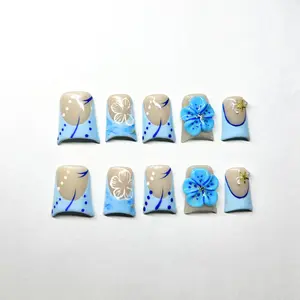 Blue Blossom Duck Tips 3D Reusable Handmade Press-On Nails – Acrylic Square Shape, Natural Finish | Durable & Stylish for a Salon-Perfect Look