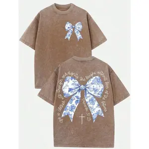 2026 Summer Clothes(230g T-Shirt)Men's Oversized Washed Cotton "Faith Over Fear" Floral Graphic Christian T-Shirt, Casual Soft Short Sleeve, Breathable Retro Streetwear &  GiftLoose And Comfortablesummer Tops