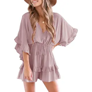 Imily Bela Womens V Neck Beach Romper Ruffle Layered Drawstring Waisted Shorts Jumpsuit