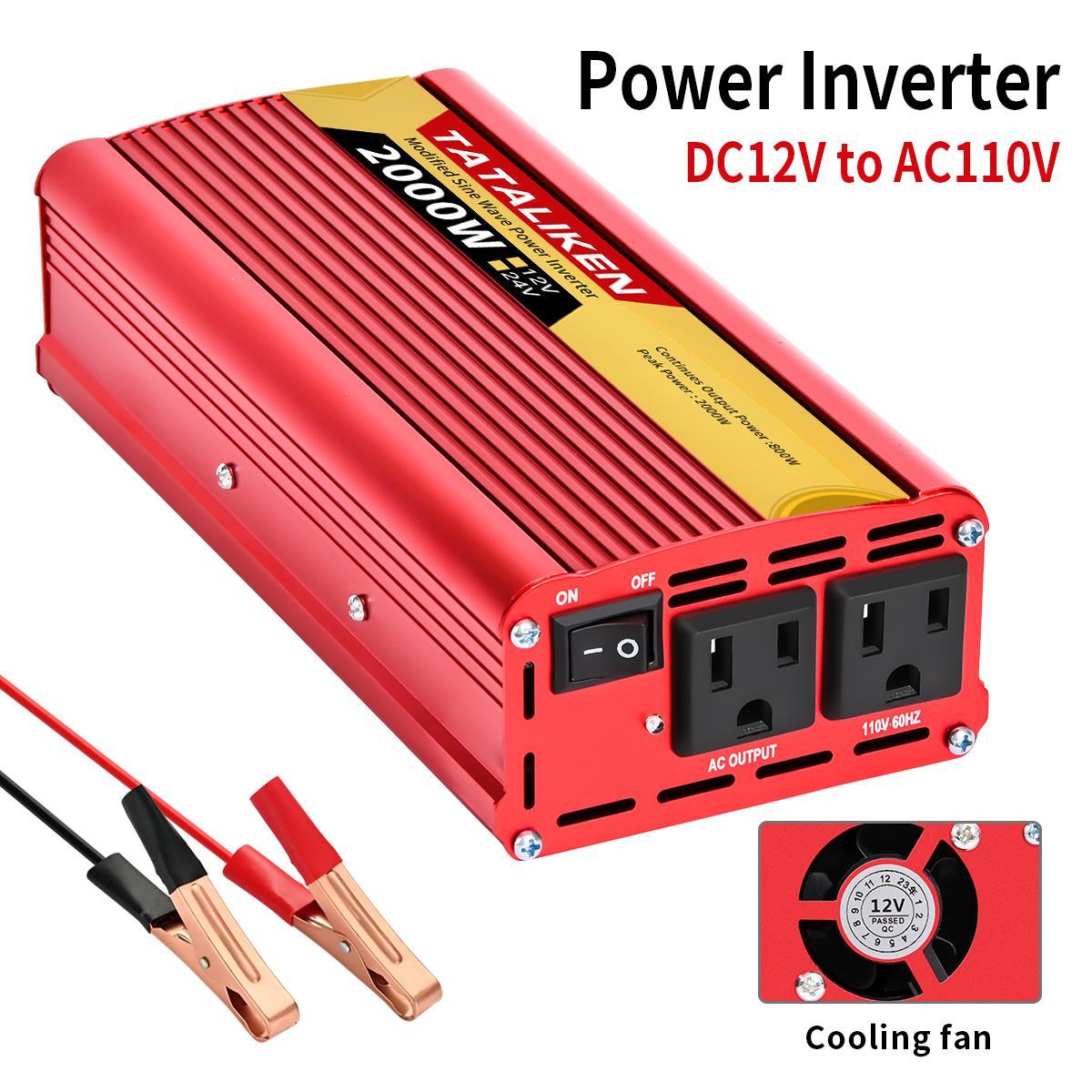Power inverter modified sine wave 2000W, DC 12V/24V to AC 110V, dual US-regulated sockets, suitable for mobile phones, laptops, family camping, and convenient travel artifact!