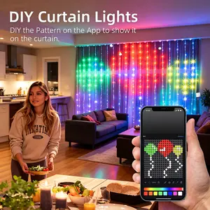 LED smart waterproof curtain ambient light, app control + DIY text/patterns, RGB color changing + music sync, suitable for bedroom Christmas Halloween party holiday decorations