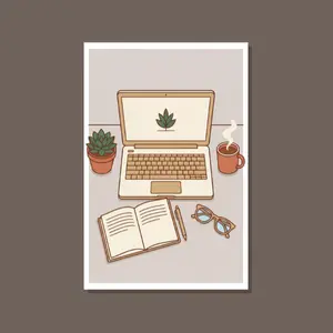 Cosy Desk Setup Illustration Poster | Aesthetic Workspace Laptop Coffee Plant Wall Art | A3 Premium 220 GSM Hard Paper | Home Office Student Room & Boho Workspace Decor Print