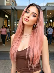 Peach Pink Ombre Lace Front Wig 28" Long Straight Synthetic Hair 13x4 HD Transparent Lace Pre-Plucked Hairline Heat-Resistant Free Part for Party & Festival Synthetic Wigs Lace Frontal Wig