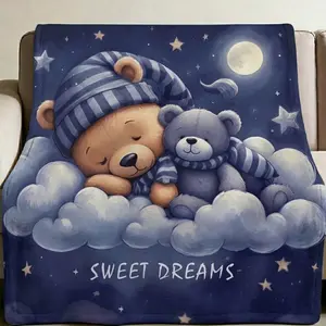 Cute Cartoon Bear Star Night Pattern Blanket, Soft Plush Throw for Kids, Perfect Birthday Gift, Cozy Sleep Companion