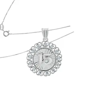 925 Silver 15 Years 15 Años Necklace with 1.8cm Pendant on 1MM Box Chain
