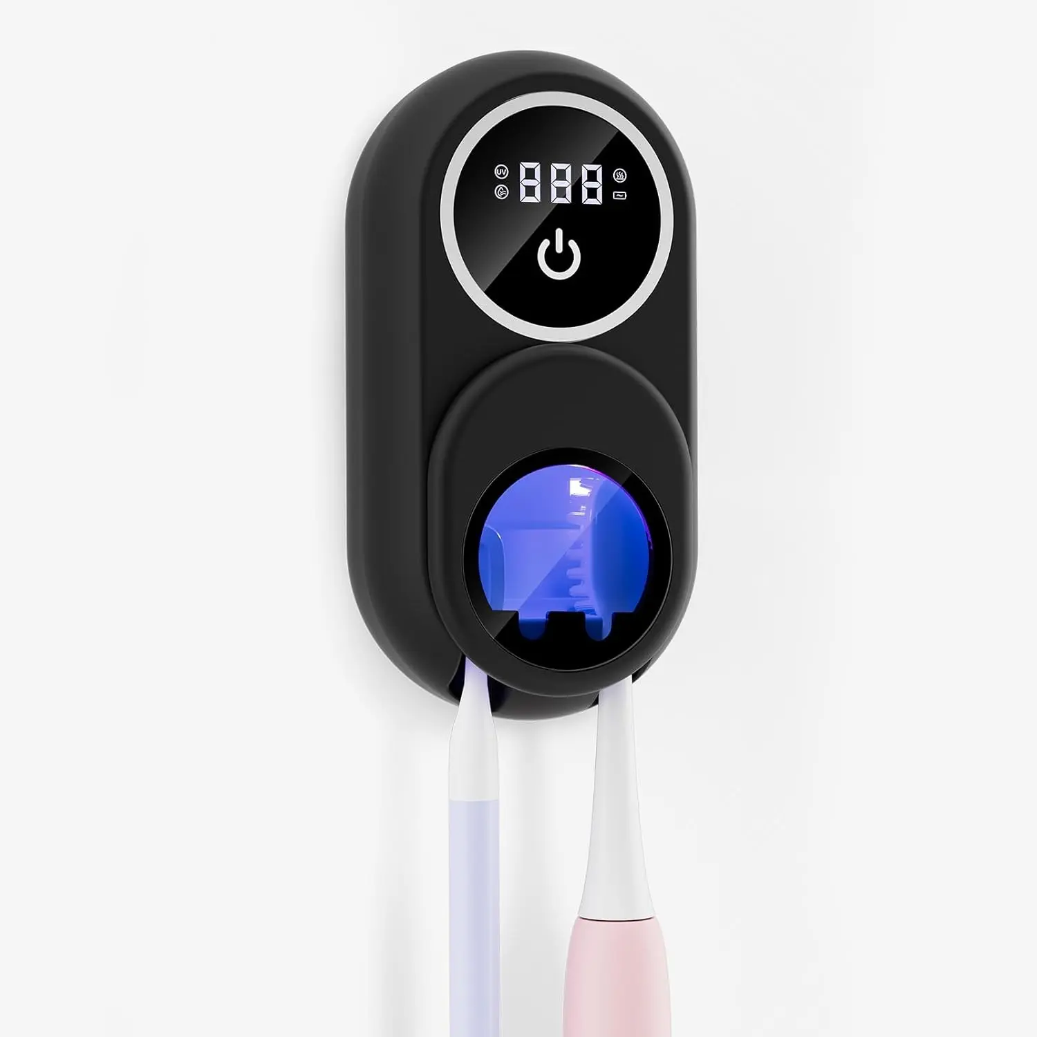 Toothbrush Holder & Toothbrush Cleaner, UV Toothbrush Sanitizer and Holder 2 Slots, Cleaning and Fan & Heat Drying, LED Smart Screen, Wall Mounted Tooth Brush Holder for Bathrooms (Black)