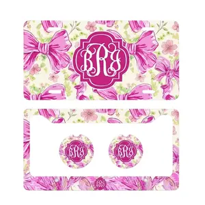 Custom Monogram License Plate, Personalized Pink Floral Bow Design, Custom Car Frame, Matching Car Coasters Set, Unique Car Accessories Gift