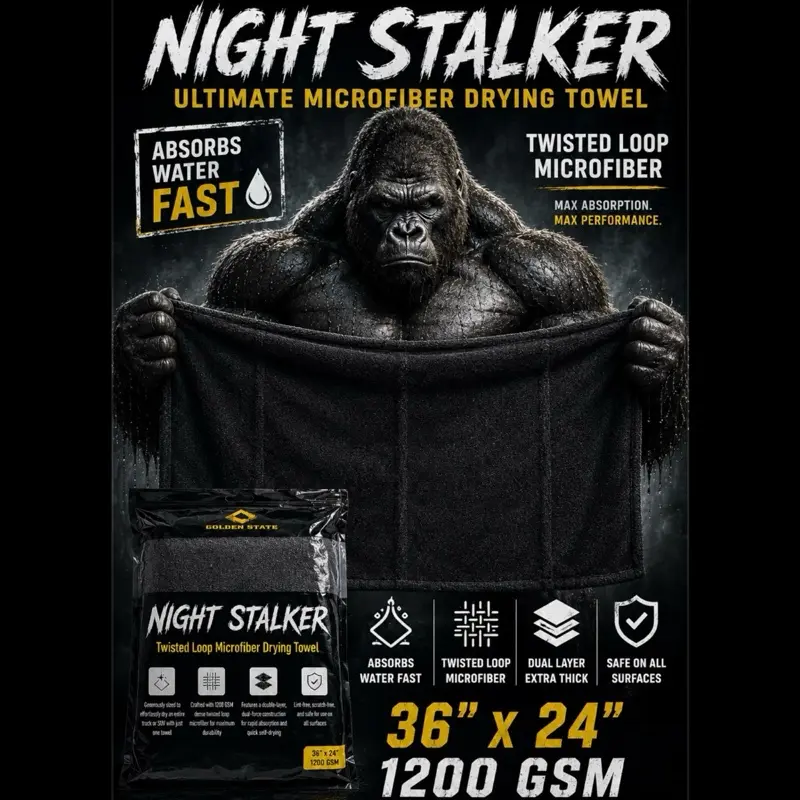 Night Stalker- Twisted Loop Microfiber Drying Towel- 1200 GSM- 24" x 36"