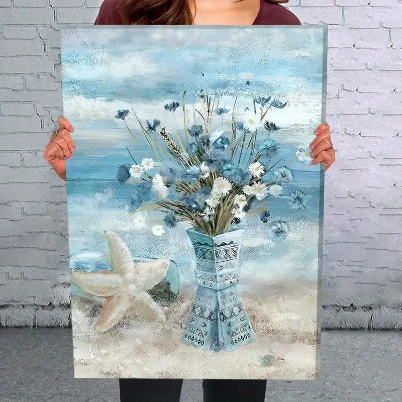 Beach Canvas Print with Blue Vase & Starfish Durable Plastic Frame for Living Room Bedroom Décor Artistic Home Decoration Gift Accessory Wall Decorative wall decor wall art