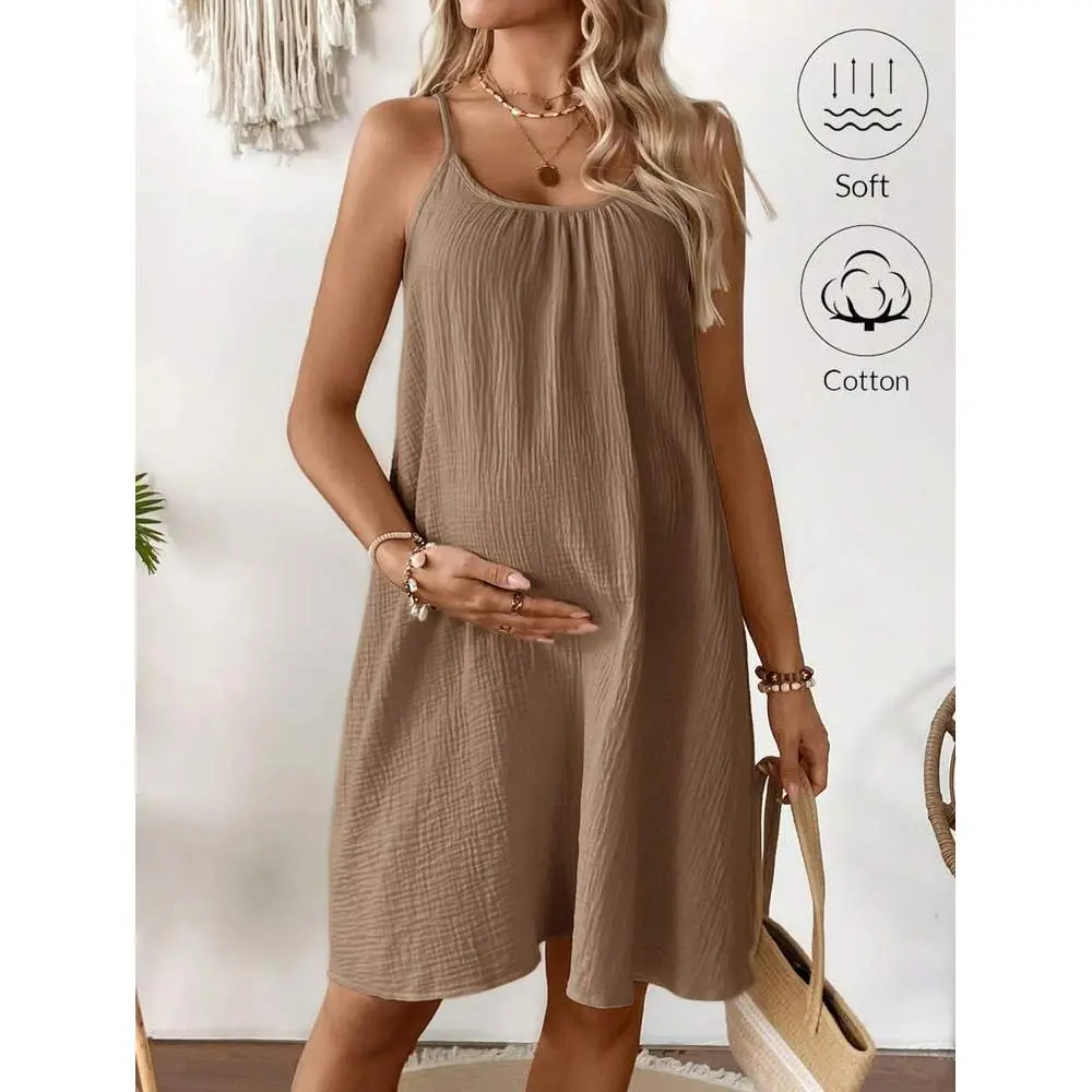 Pregnant Women Summer Casual Solid Color Sling Dress Maternity Dress