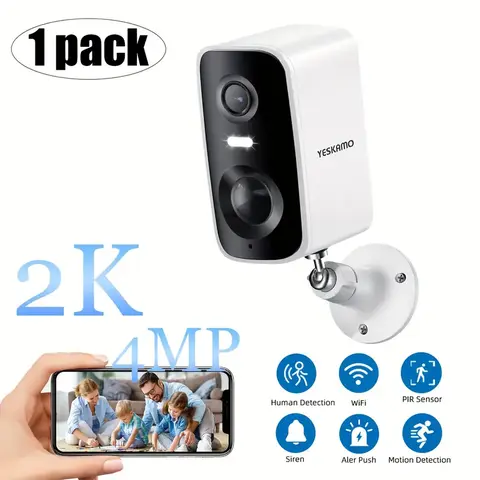 YESKAMO Battery Rechargeable Security Camera Wireless Indoor/Outdoor 2.4GHz WiFi , 2K Color Night Vision, Automatic Alarm, AI Detection