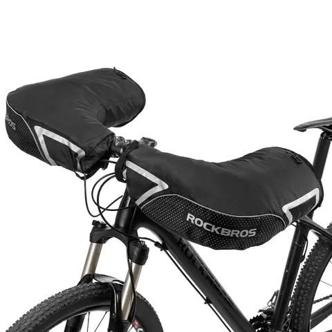 ROCkBROS Unisex Insulated Lycra Fabric Oxford Cloth Bike Handlebar Mittens for Adults Cyclists - Adjustable Fit, Snug Cuff, Double Warm Protection, Removable Fleece Liners, Storage Pouch, Easy Installation Winter Cold Gear