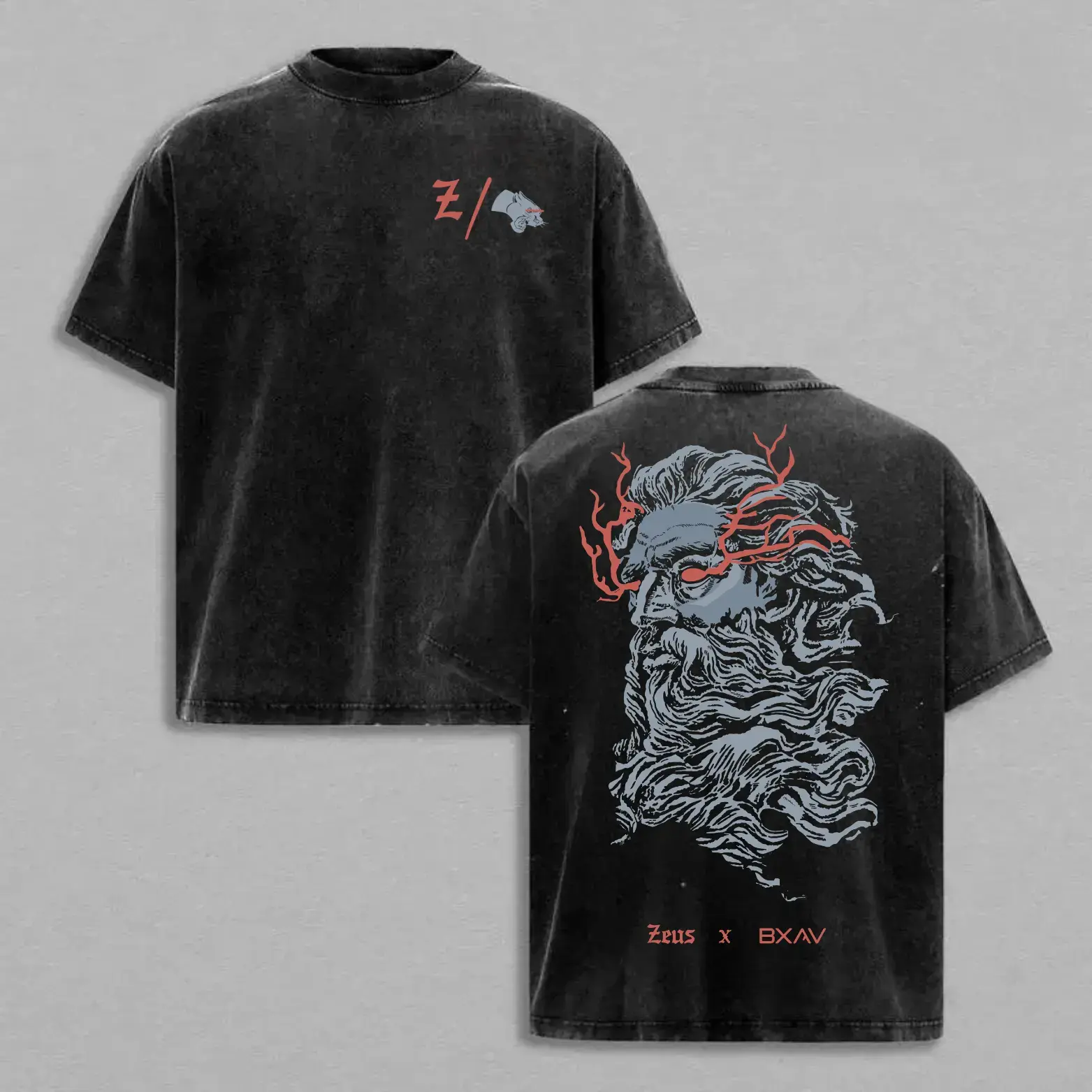 Vintage Washed Zeus Graphic Tee Men's Fitted Short Sleeve T-Shirt Retro Hip-Hop Cotton Casual Streetwear Top